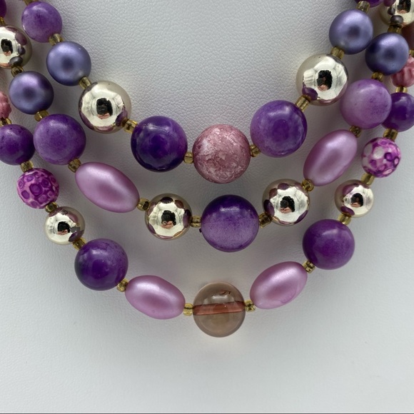 Vintage Purple Silver Tone Flower Beaded Multi Strand Collar Statement Necklace - Picture 8 of 11